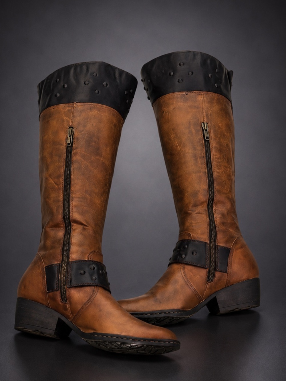 Born Brown Distressed Leather Tall Riding Boots Back Zip Harness Women’s 8.5 EUC